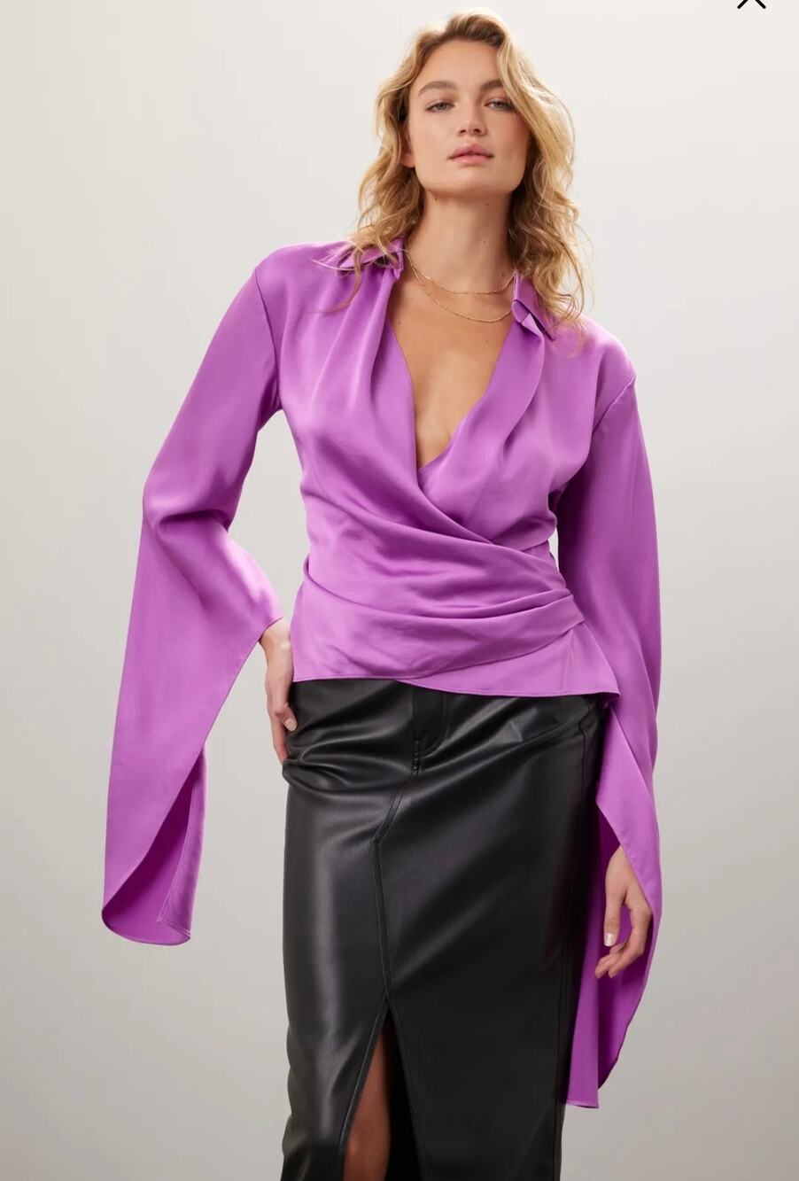 Simkhai Purple Paradisa Satin Long Sleeve Collared Wrap Top Size 4